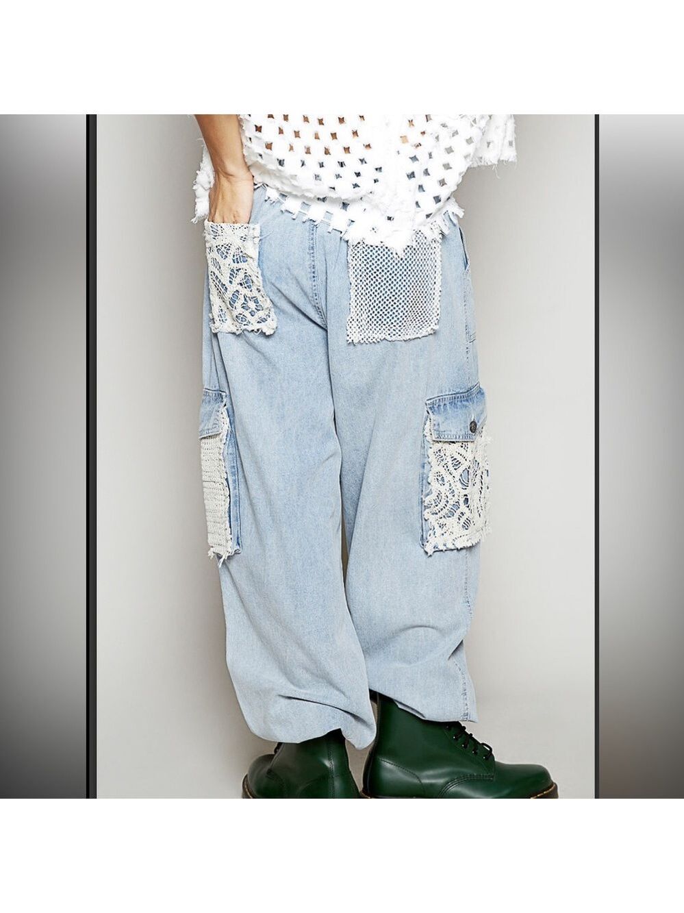 POL Light Blue Denim Wide-Leg Pants with Cream Crochet Pocket - Picture 3 of 5